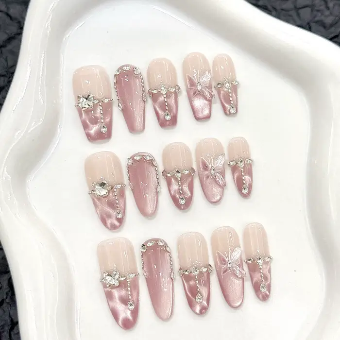 10 pièces presse à la main sur les ongles rose papillon conception faux ongles portable réutilisable
