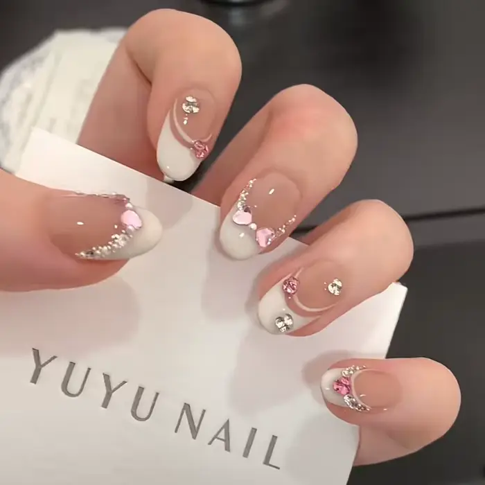 10 pièces blanc français rose coeur diamant manucure Art doux doux court ovale artificiel portant de
