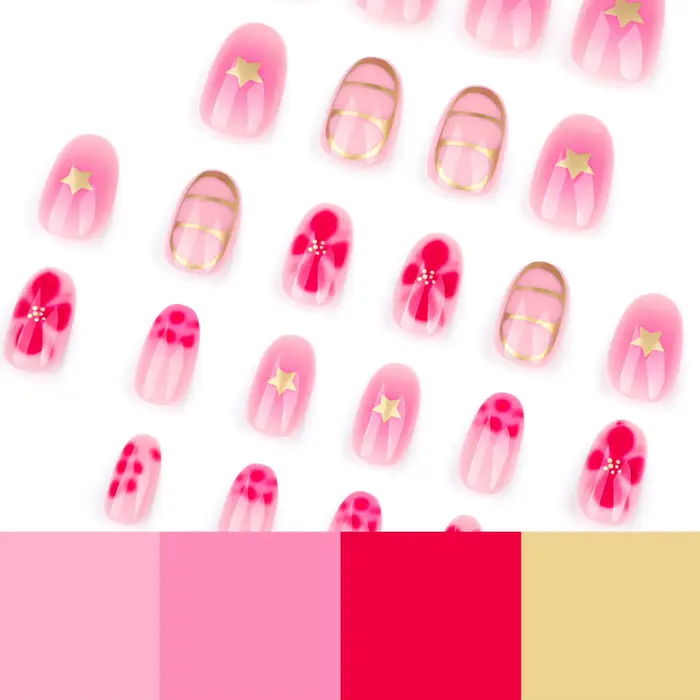 24 pièces fleur rose douce presse sur ongles brillant court amande couverture complète ongles à coll