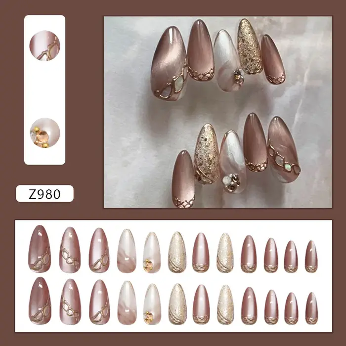 Faux ongles œil de chat marron à pression pour filles