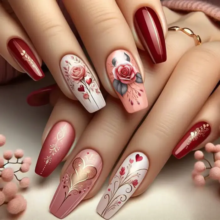 Faux ongles mi-longs pour la saint-valentin, rose rouge doré, fleurs, cœur, ange, ballet, pointes d'