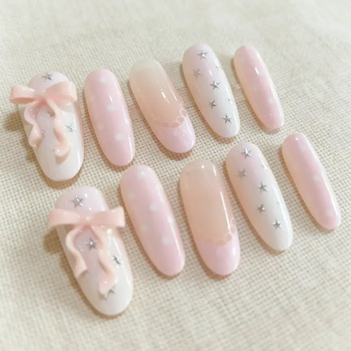 10 faux ongles en forme d'amande pressés à la main, magnifiques faux ongles, nœuds roses lotus frais