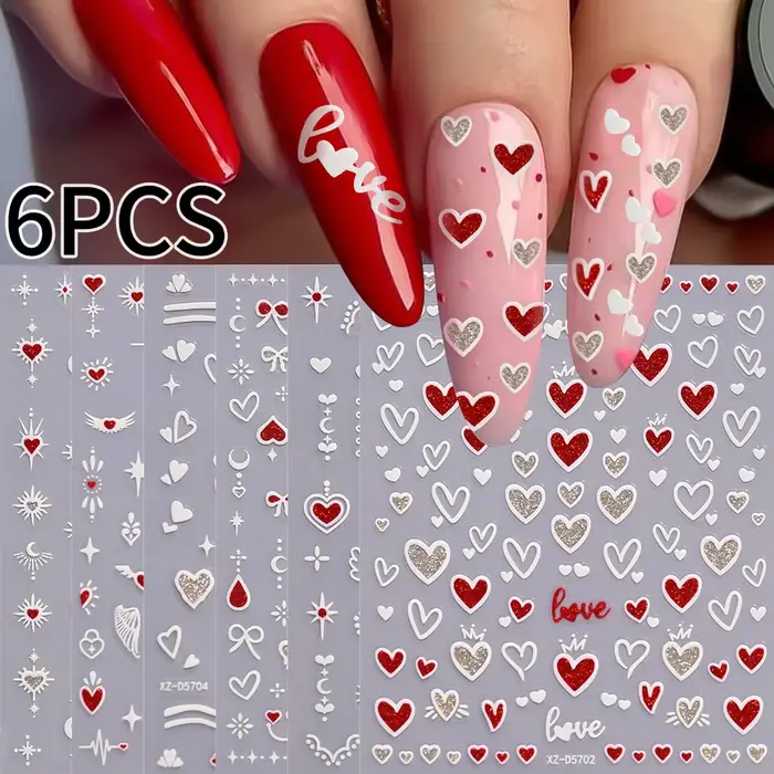 Autocollants pour ongles en forme de cœur, couleurs mélangées 3D, pour la saint-valentin, doux, roug
