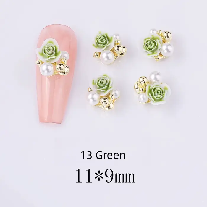 Décorations pour ongles en alliage de résine, fleur de Rose, avec strass roses, Accents de perles de