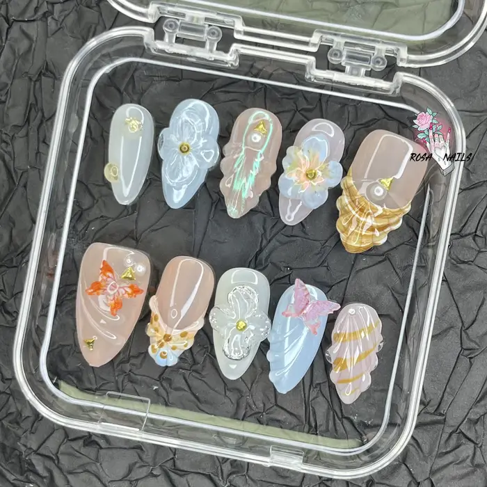 Tendance 3D Shell Nail Art été longue plage vacances ongles amande pointe française papillon 3d printemps fleur à la