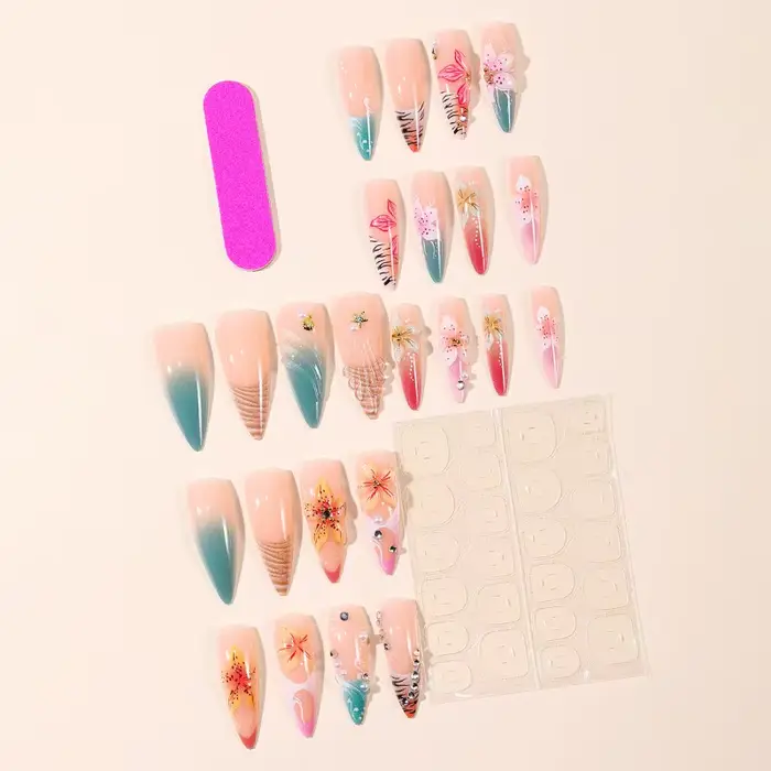 24CS Faux Ongles Français Imprimé Léopard Dégradé Coloré Amande à Presser Fleurs 3D avec Perles pour Femme – Collection Été