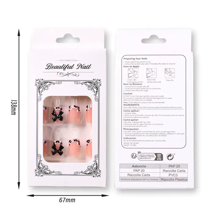 24 faux ongles courts carrés à imprimé léopard rose, avec nœud papillon noir 3D, en acrylique, à pre