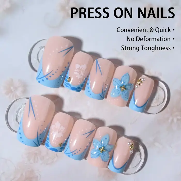 24 pièces court carré 3D Gel ongles fait avec perle décoration Design bleu clair français acrylique presse