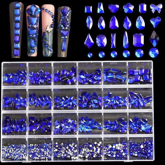 1 boîte de kits de diamants pour ongles 3D multi-formes-24 grilles de pierres précieuses en cristal 