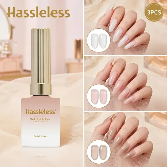 Ensemble de vernis à ongles en gel nude et transparent sans tracas (3 couleurs) : Blanc laiteux nacré