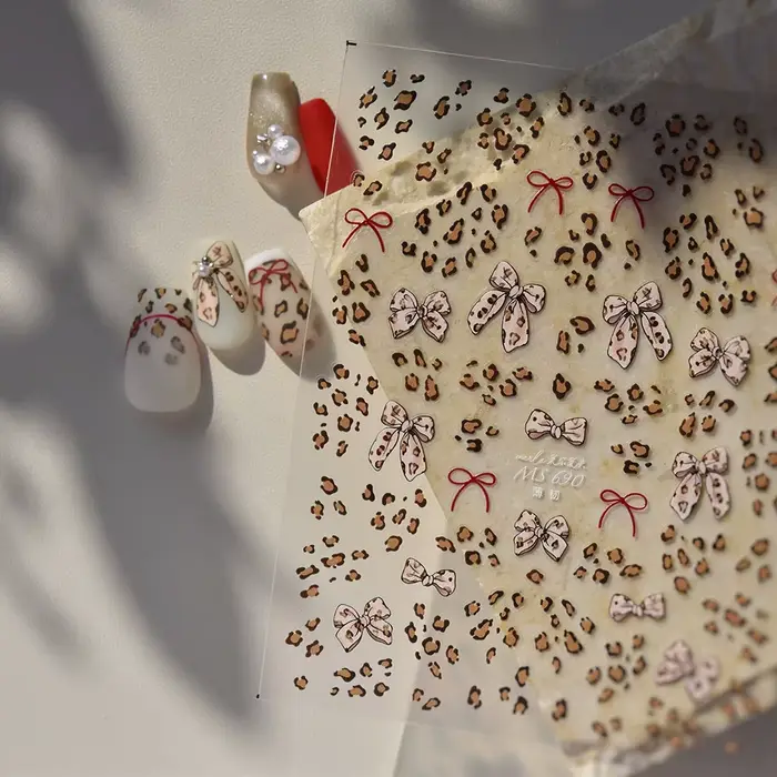 Autocollants 3D pour ongles, avec nœud imprimé léopard, fin et résistant, mignon, décorations d'ongl