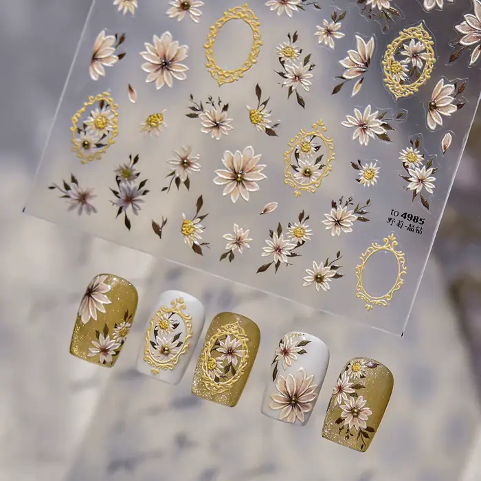 Autocollant d'ongle de diamant de cristal de marguerite sauvage 5D adhésif fleur autocollants d'art