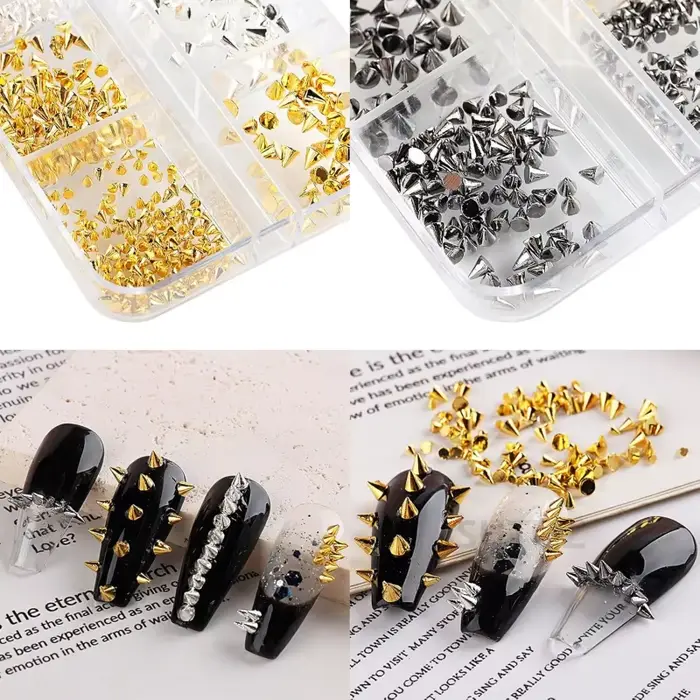 Rivets pour ongles Punk, 6 grilles, pointes, goujons métalliques, cône rond or/argent/noir, breloque