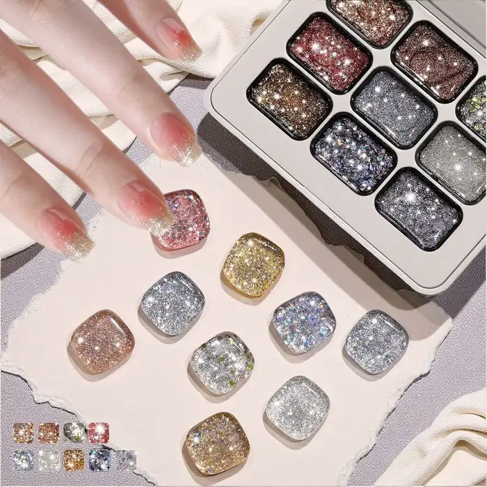 Gel à ongles diamanté neuf couleurs, idéal pour le nail art DIY, les salons et la création de design