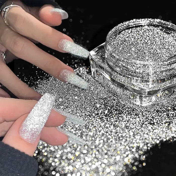 Poudre de paillettes pour ongles brillantes argentées réfléchissantes Net2-3g holographique argent é