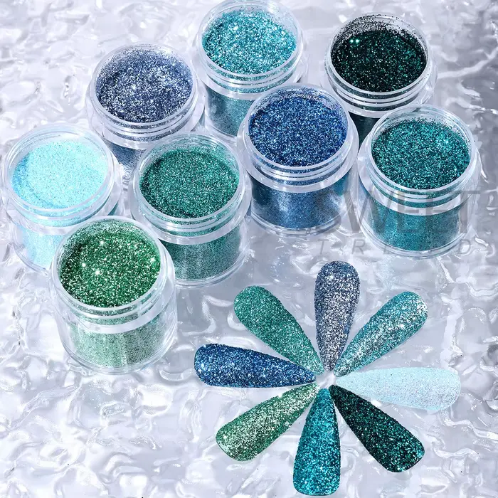 8 Bouteilles de Poudre à Paillettes pour Ongles Série Été Bleu