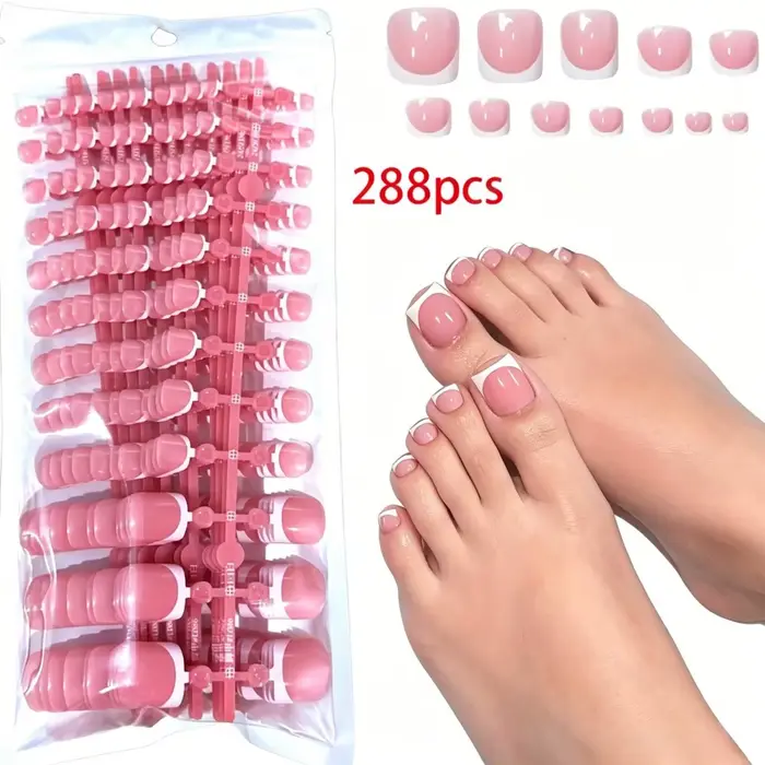 288 faux ongles courts carrés à rayures françaises blanches