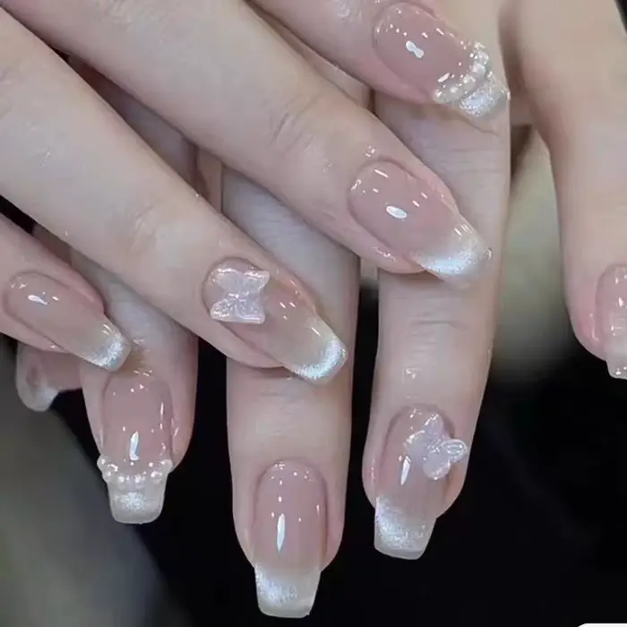 10 pièces de faux ongles à presser papillon rose, effet œil de chat, blush, faits à la main, pour fe