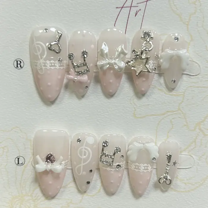Faux Ongles à Presser Amande Française Rose Rétro Mignons avec Dentelle