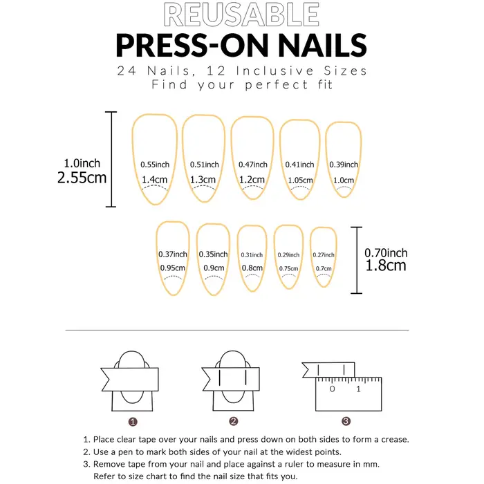 24 faux ongles en acrylique français pressés avec des motifs en forme de cœur et de lettres.