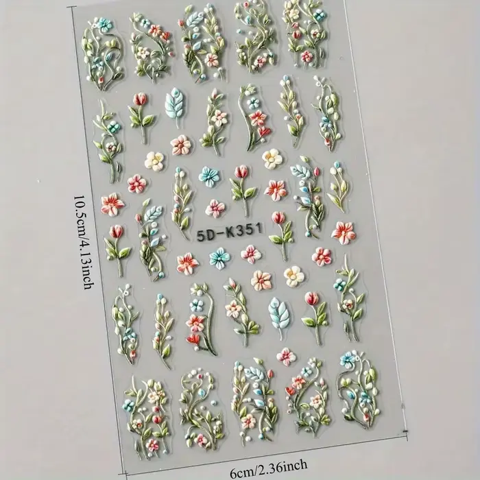 Autocollants pour ongles motif fleur de lys rose - Motifs fleurs roses et feuilles vertes