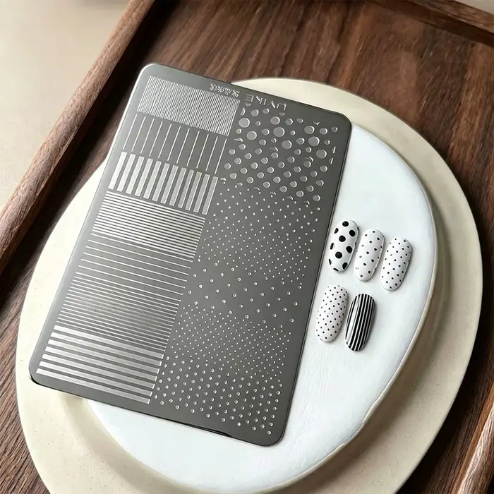 Plaque de tamponnage pour nail art en acier inoxydable, motif géométrique à pois et rayures, outil d