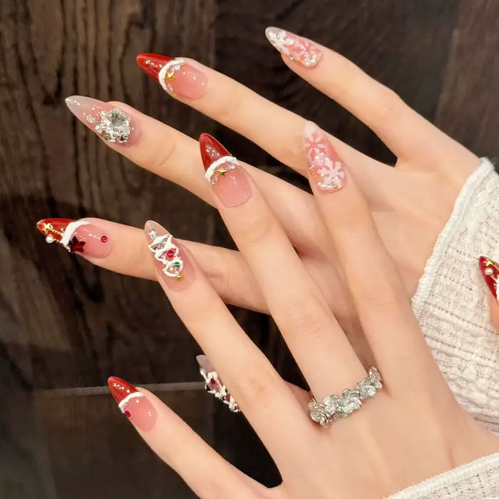 10 pièces faux ongles de noël faits à la main charmant oeil de chat rouge pointe française presse