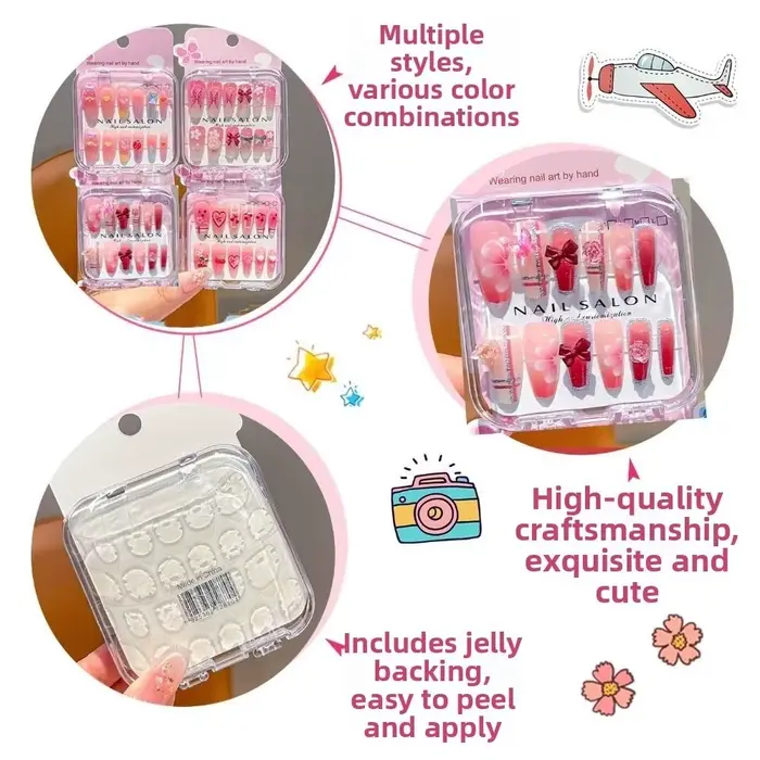 Nouveaux autocollants pour ongles longs en forme de cerise et de cœur