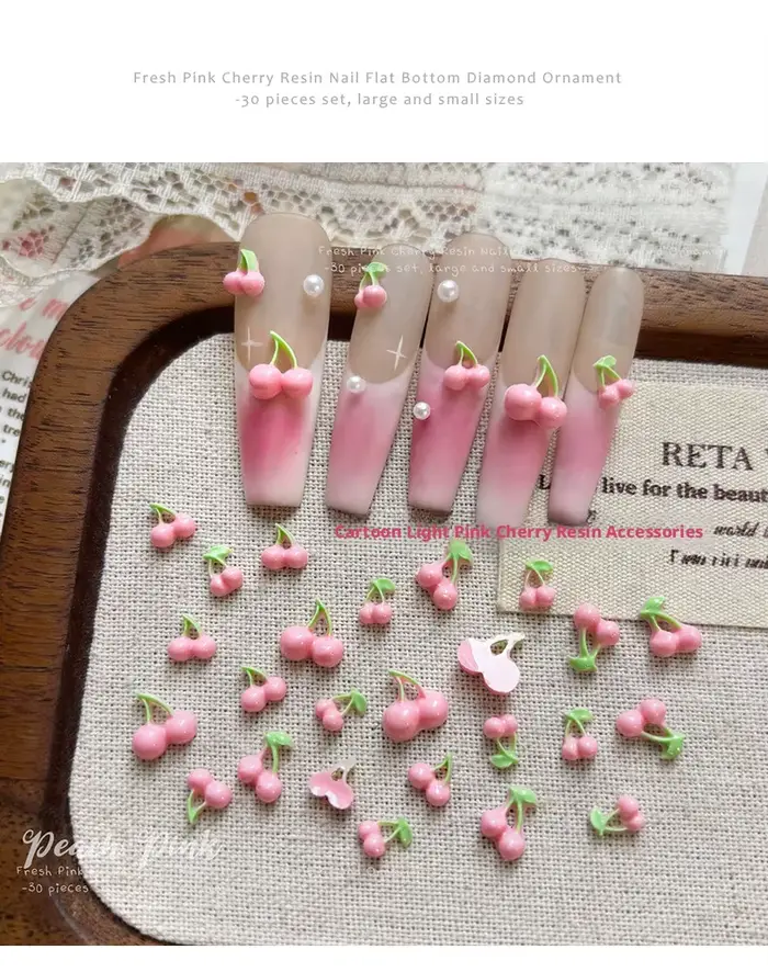 YYM 30pcs Breloques pour ongles cerises roses mignonnes