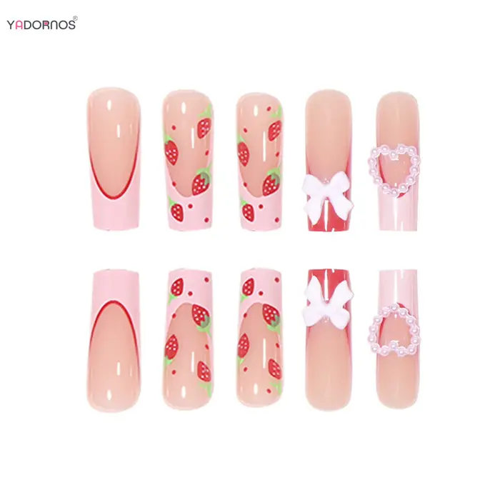 Faux ongles français en forme de fraise rouge