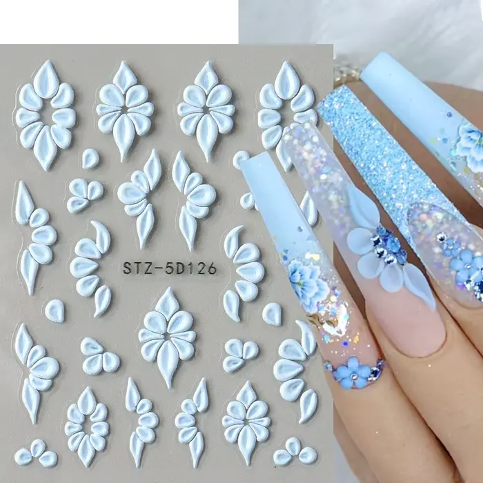 Autocollants pour ongles en forme de fleur en relief 5D, motifs élégants de pétales blancs, roses et