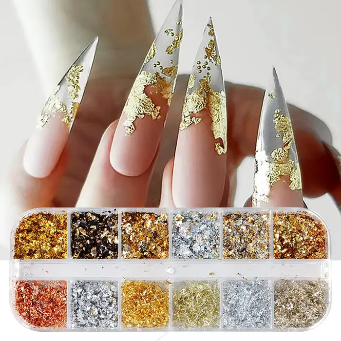 Feuilles d'or pour ongles magnifiques, 12 couleurs, paillettes aléatoires, flocons d'aluminium, puce