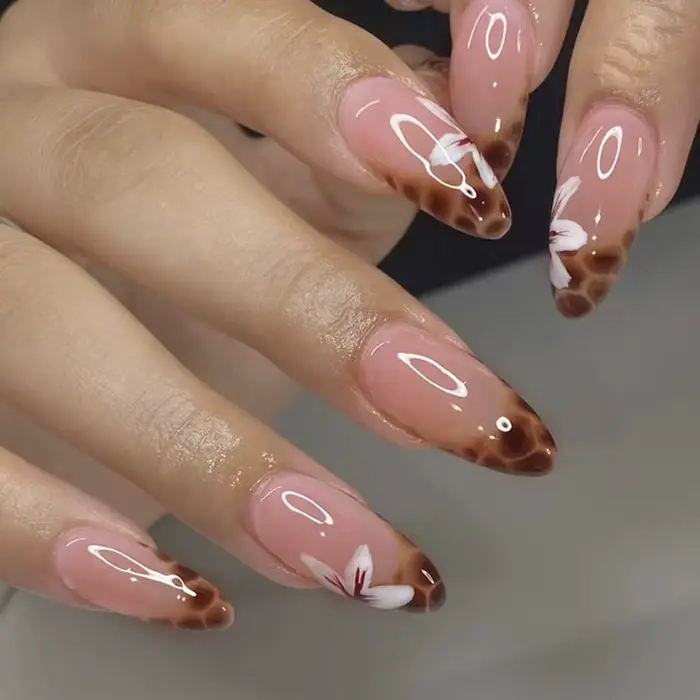 Faux ongles de Style français rose, fleur blanche imprimée, tête carrée courte, à pression, simples,