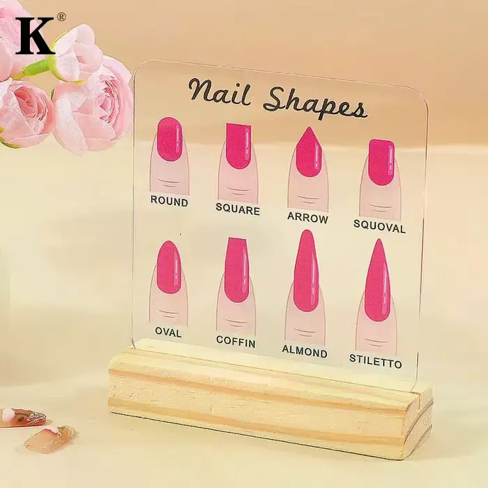 Présentoir de Formes d'Ongles en Acrylique Transparent avec Base en Bois et Diamants – Support de Présentation de Créations Nail Art sur Bureau