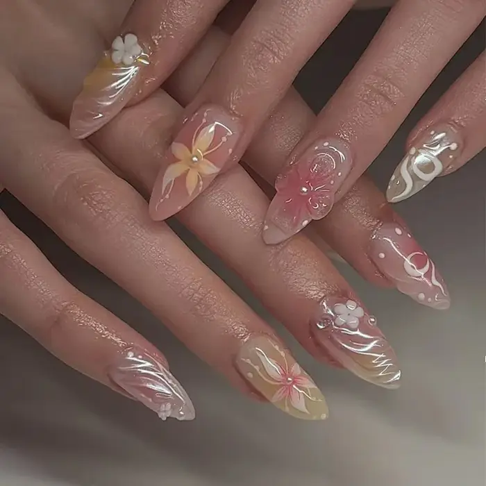 24 pièces amande faux ongles conseils été plage ongles colorés ensembles avec perle fleur conception