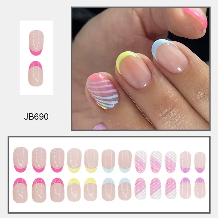 24 pièces presse sur ongles rayures autocollants français pour ongles pointes d'ongles simples court