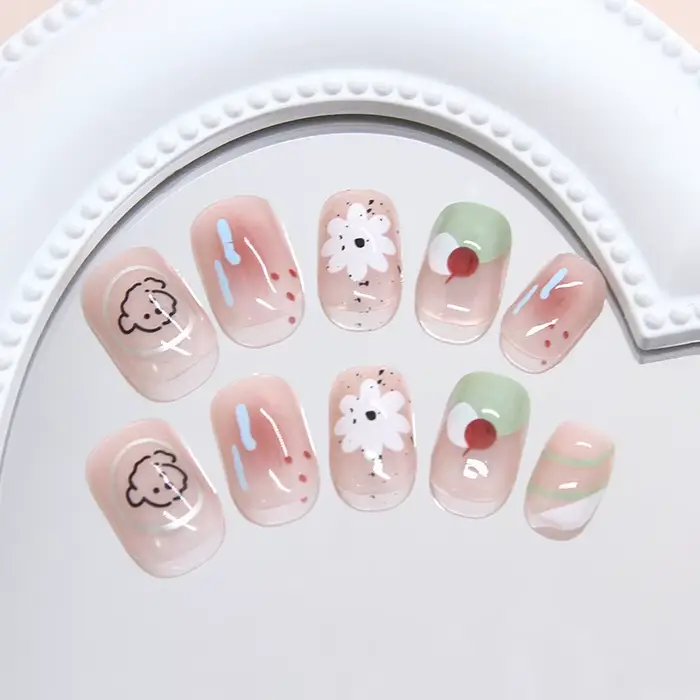 24 pièces Blush faux ongles avec colle fleur chiot été presse