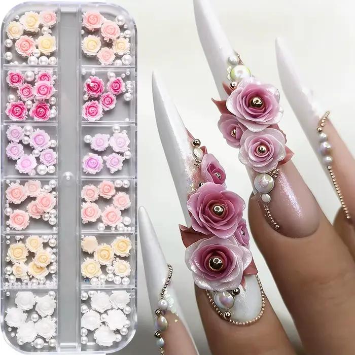 12 Grilles de Breloques pour Ongles en Résine Colorées en Forme de Rose