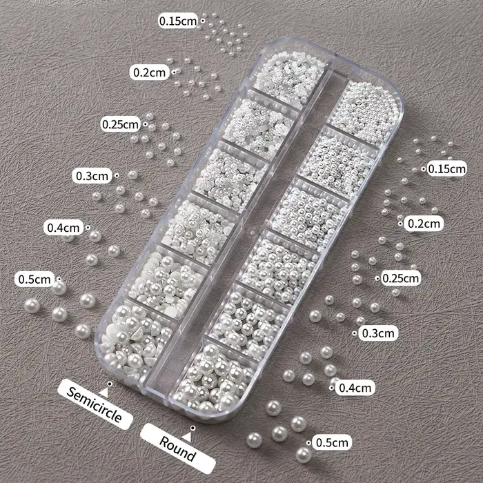 12 grilles 3D perles blanches mélangées breloques pour ongles 0.15-0.5mm perles rondes/demi-cercle N