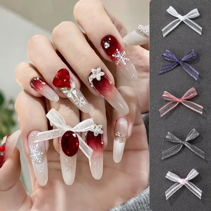 20 pièces 3D blanc/rose Organza ruban ongles nœud papillon 14X20 cm mat