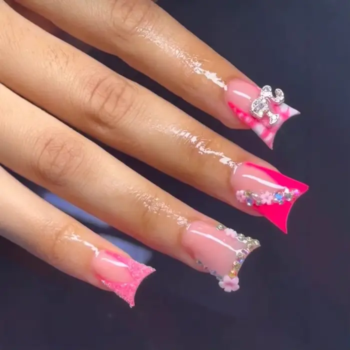 Faux ongles en bec de canard détachables, imprimé léopard Y2k, rose, court, à pression, fleur, couve