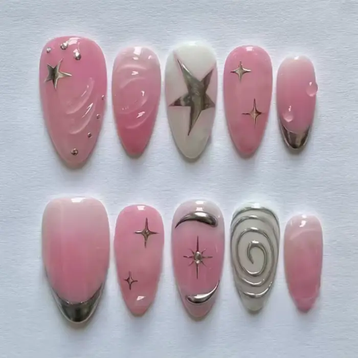 24 faux ongles en amande avec nœud et perles, design mignon pour filles, ongles à presser roses, fau