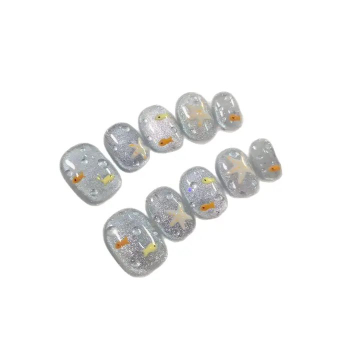 10 pièces/ensemble ongles à pression faits à la main-bleu brillant poisson et bulles conception faux