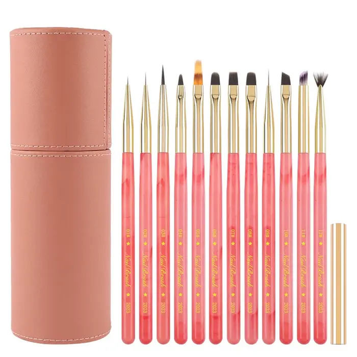 Lot de 12 pinceaux de nail art roses avec manche en jade incrusté