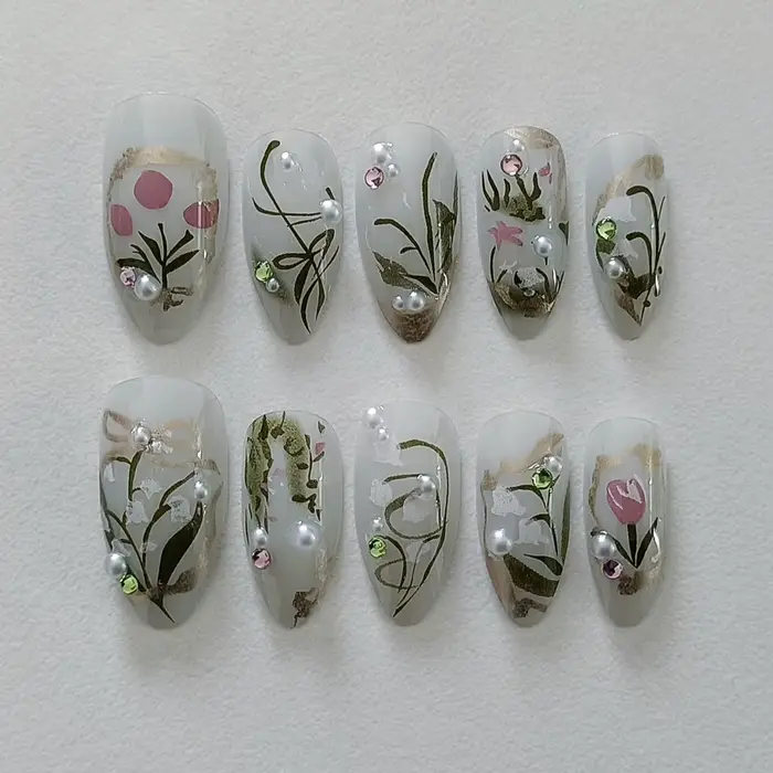 24 pièces flore amande presse sur ongles avec colle Mori fille Nail Art Ballet Style Rural couvertur