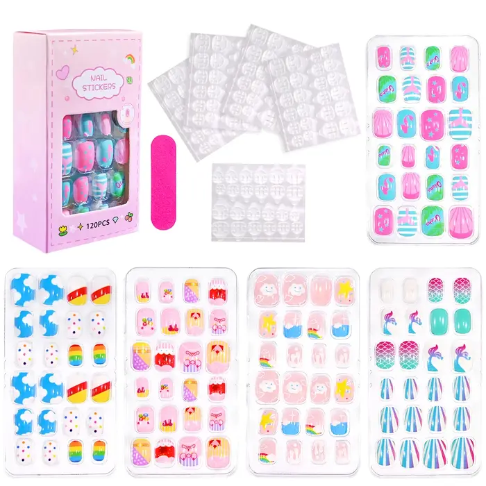 120 pièces/boîte dessin animé fille faux ongles conseils 5-12 ans mignon princesse chat/lapin/licorne press-on