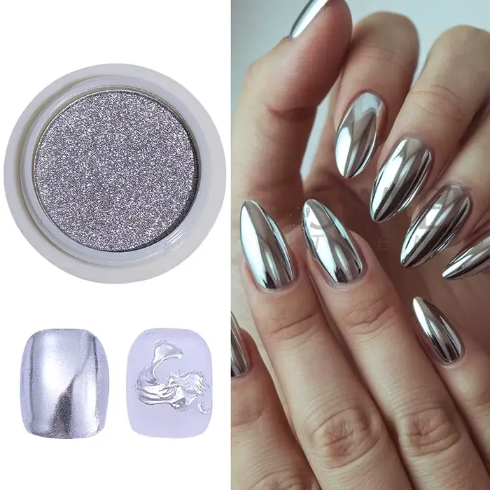 Poudre à ongles chromée argentée