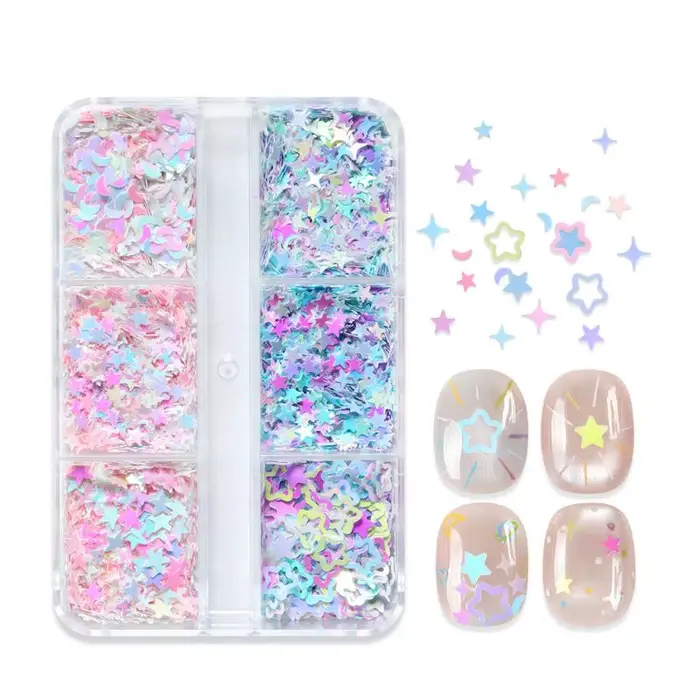 Accessoires pour nail art : étoiles irisées, lunes, paillettes sirène, flocons de paillettes, décora