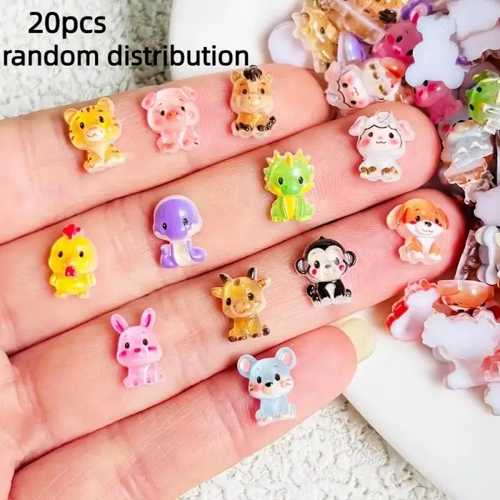 20 accessoires mignons pour ongles en forme de dessins animés, strass en résine pour nail art, autoc