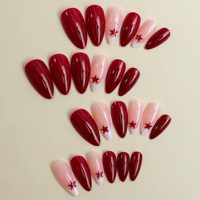Faux ongles français rouge étoile à cinq branches